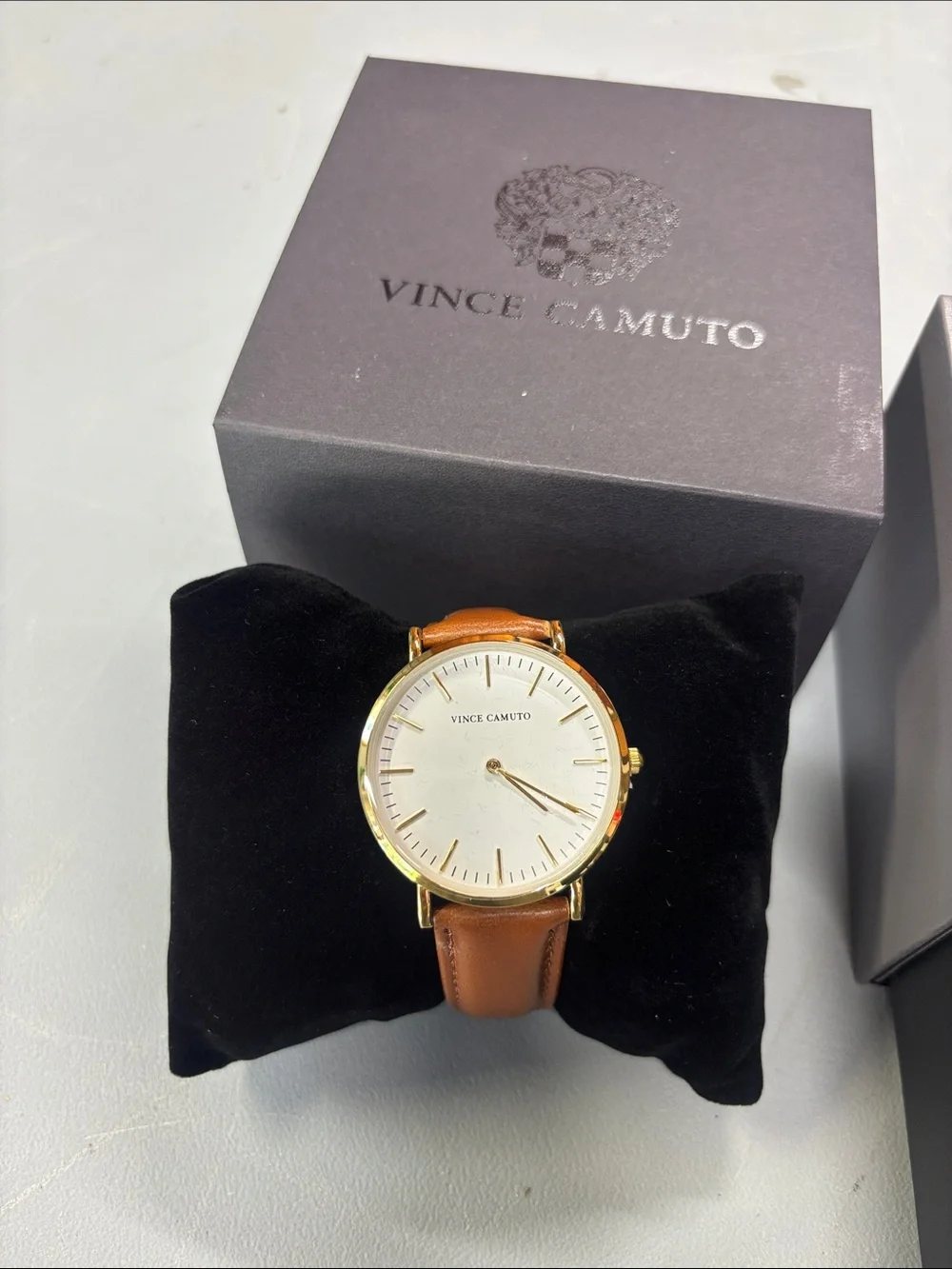 Vince Camuto Gold-Tone Case Watch with Brown Leather Strap